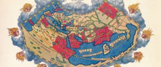 Ptolemy's Map of the World cA.D 150. The Ptolemy world map is a map of the known world to Hellenistic society in the 2nd century AD. It was based on the description contained in Ptolemy's book Geographia, written c150. Perhaps the most significant contributions of Ptolemy's maps are the first uses of longitudinal and latitudinal lines. Taken from 'A Book of Discovery', published by T. C. & E. C. Jack Ltd. 1912. (Photo by The Print Collector/Print Collector/Getty Images)